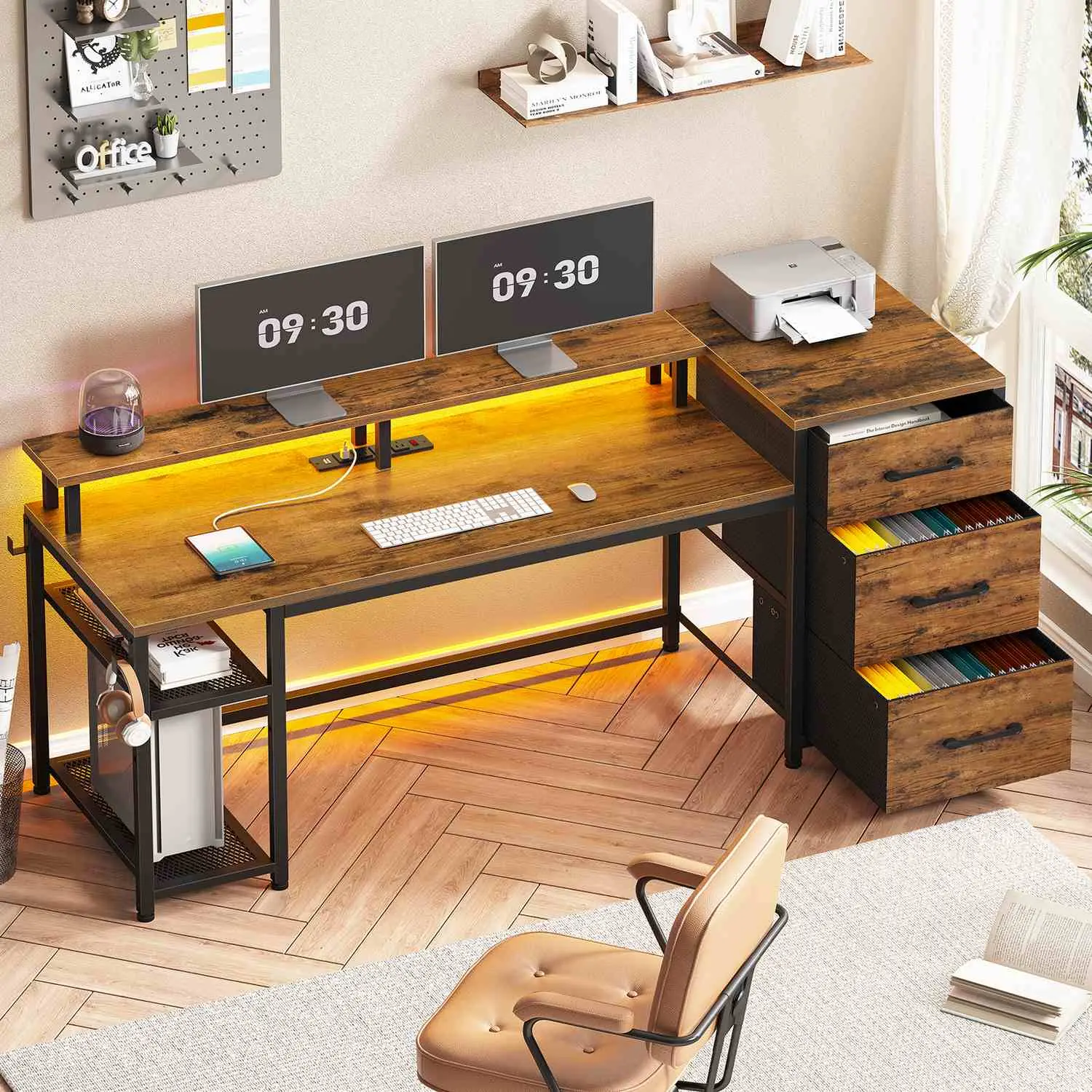 Sedeta 59-in Sturdy Rectangular Top Computer Desk - Modern, Reversible, with File Drawers, Storage, LED Lights, Power Outlet, Dual Monitor Riser, Printer-Ready, Posture Adjustable Large Desk for Gaming & Home Office, Sturdy Computer Desk, Desks For Gaming
