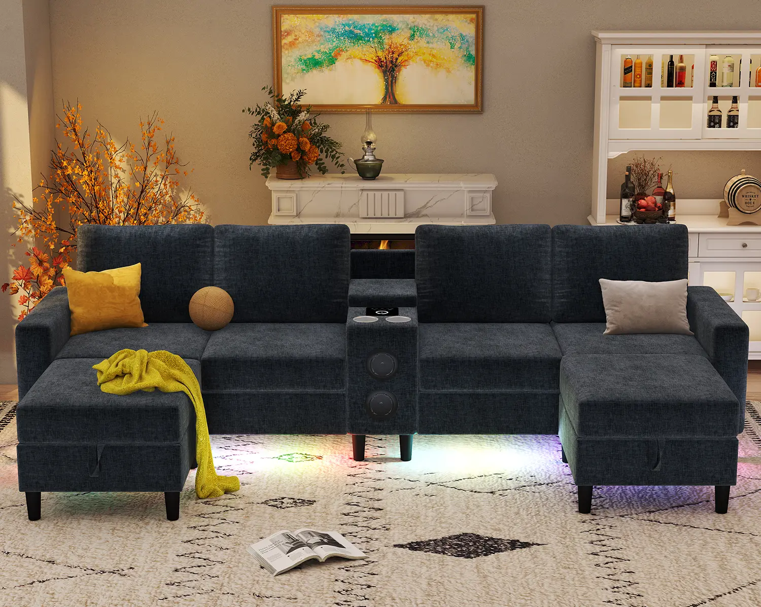 [3 Packages Shipping]  120" U-Shaped Modular Sectional Sofa - ComfyCloud 6-Seater with Coffee Table & Built-in Audio Speaker& LED Light,Cloud Sofa,Deep Seat Chenille Couch for LivingRoom,Dark Gray & Off White Color Options,Comfort & Stylish Design