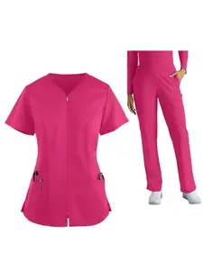Solid Color Work Uniform Quick Dry Stretch Hospital Zipper Scrubs V-Neck Short Sleeve Long Pants Set Nurse Uniform