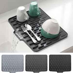 Large Kitchen Sink Dish Drying Organiser Rack, Non-Slip Silicone Drain Board, Heat Resistant Easy Clean, with Utensil Storage, Fits Countertop Sinks, Drainboard Dish Drainers