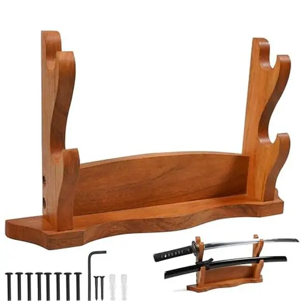 Mythrojan Acacia Wood 2-Layer Wall Mount Sword Stand - 17.5 Inches Tall Home Supplies Storage Rack, Durable Stylish Space-Saving Holder for Samurai Katana Collections, Museum Use with Allen Key, Decoration, Traditional