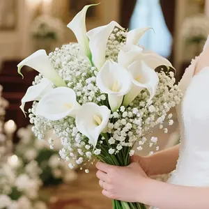 Artificial bouquet of white calla lilies paired with baby's breath, suitable for home decoration, DIY, wedding decoration, hand bouquets, office decoration, floral decoration, living room, outdoor garden, and garden decoration
