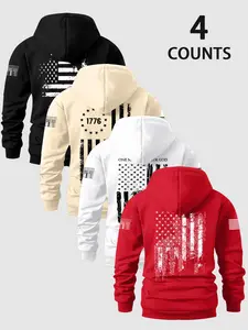 Men's Long Sleeve Hoodies 4-Pack Tops, Flag Print Artist Style Sweatshirts, Casual Fitted Fall Winter Wear, Perfect for Holidays & Daily Use