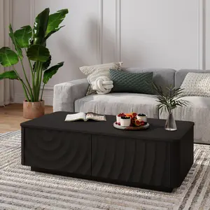 47" Rectangular Coffee Table with Storage Mid Century Farmhouse Style Square Spiral Grain Walnut Unique Wave Texture Design Safe Rounded Corners Floating Illusion Stable Base