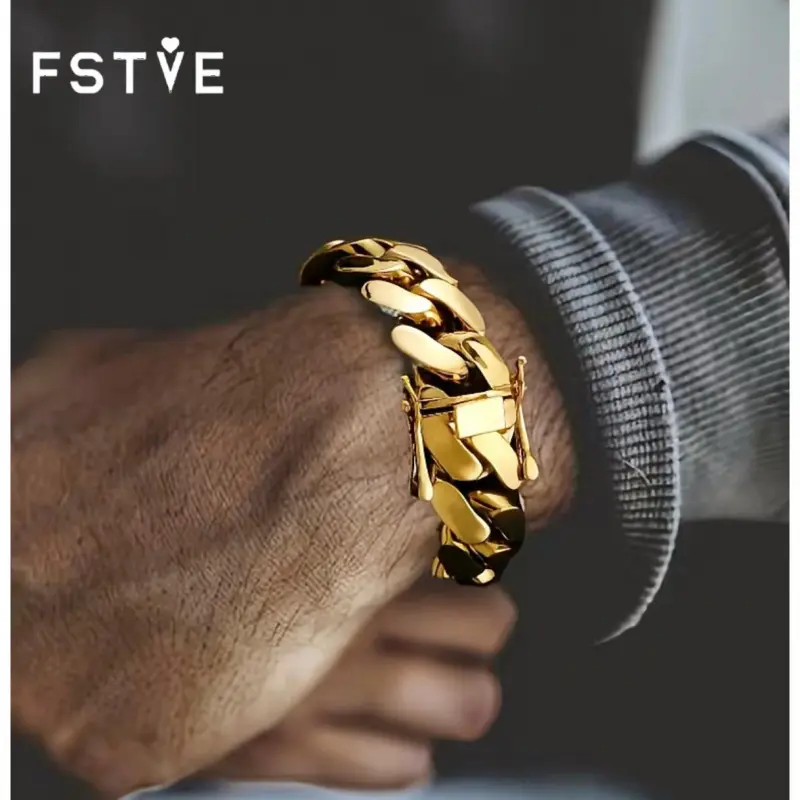 FSTVE 18K Gold  Plated Polished 20MM width Cuban Chain Hip-hop Jewelry-end Fashion Accessories Men's Gold Bracelet