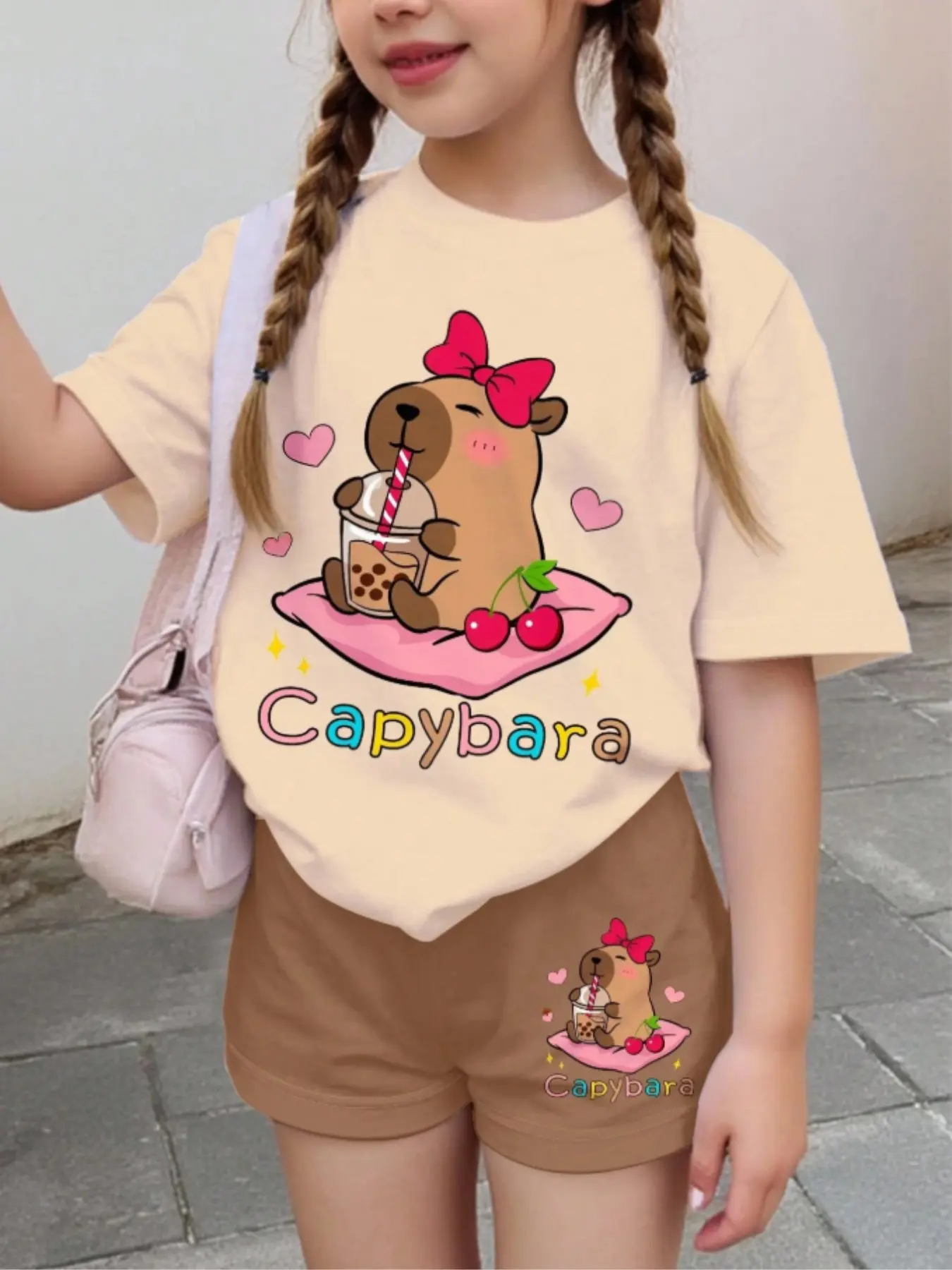 Teen Girls Casual Cartoon Print Short Sleeve T-Shirt and Shorts Set, Summer Girls Clothing
