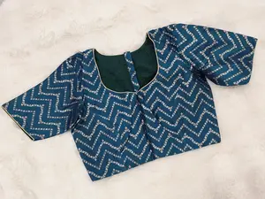 Teal Blue Banarasi Silk Stitched Blouse with Chevron Butta