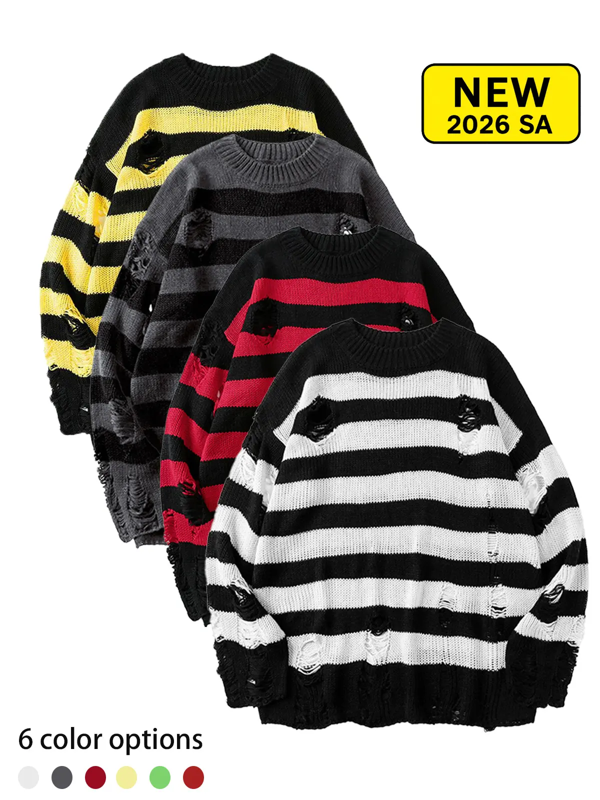 Menswear Knitwear Long-Sleeve Unisex Oversized Striped Crewneck Pullover, Distressed Streetwear Top for Fall Casual Daily Wear