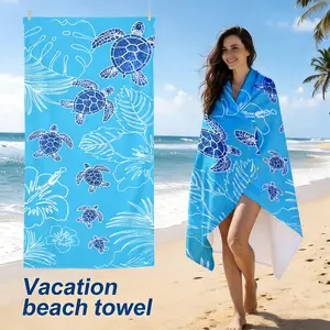 Blue Turtle Tropical Plant Print Quick-Dry Beach Towel, Non-Shedding Waterproof Bath Sheet, Portable Vacation Towel for Swimming