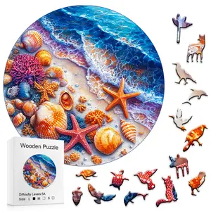 Round Coastal Shells & Starfish Wooden Puzzle 5A Difficulty Ocean Beach Jigsaw for Kids & Adults Unique Design