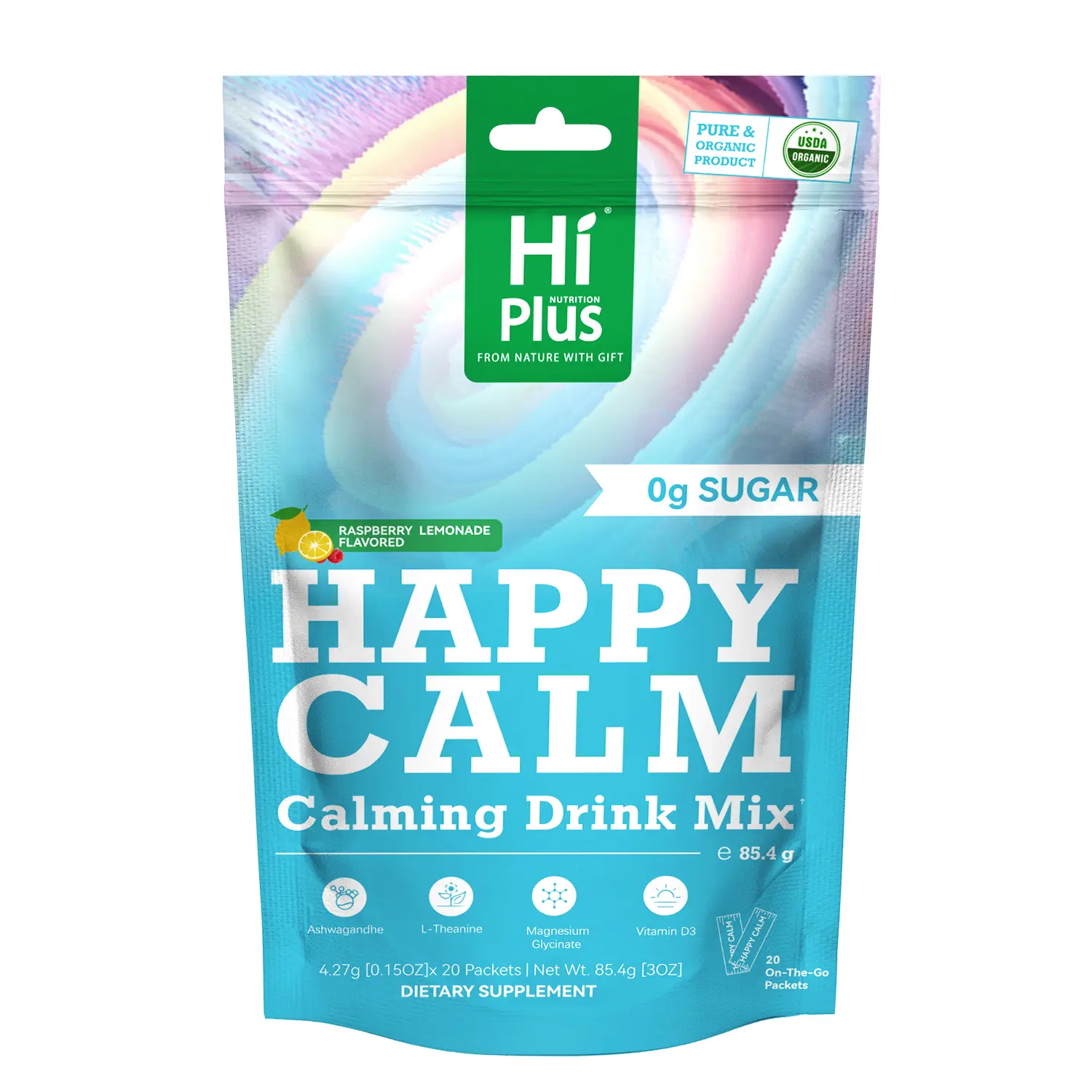 HiPlus HAPPY CALM Raspberry Lemonade Stress Relief Drink Powder with L-Theanine KSM-66 Ashwagandha Magnesium Glycinate Vitamin D3 for Mood Balance Sleep Support Cortisol Regulation Vegan Non-GMO Sugar-Free 20 On-the-Go Packs Supplements Fitness