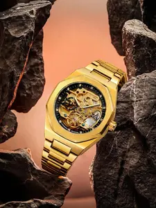 Men's business fashion hollowed-out watch, a diamond-studded octagonal wristwatch suitable for both parties and daily wear. Trendy and versatile birthday gift with packaging. Mechanical style watch. Skeleton Watches