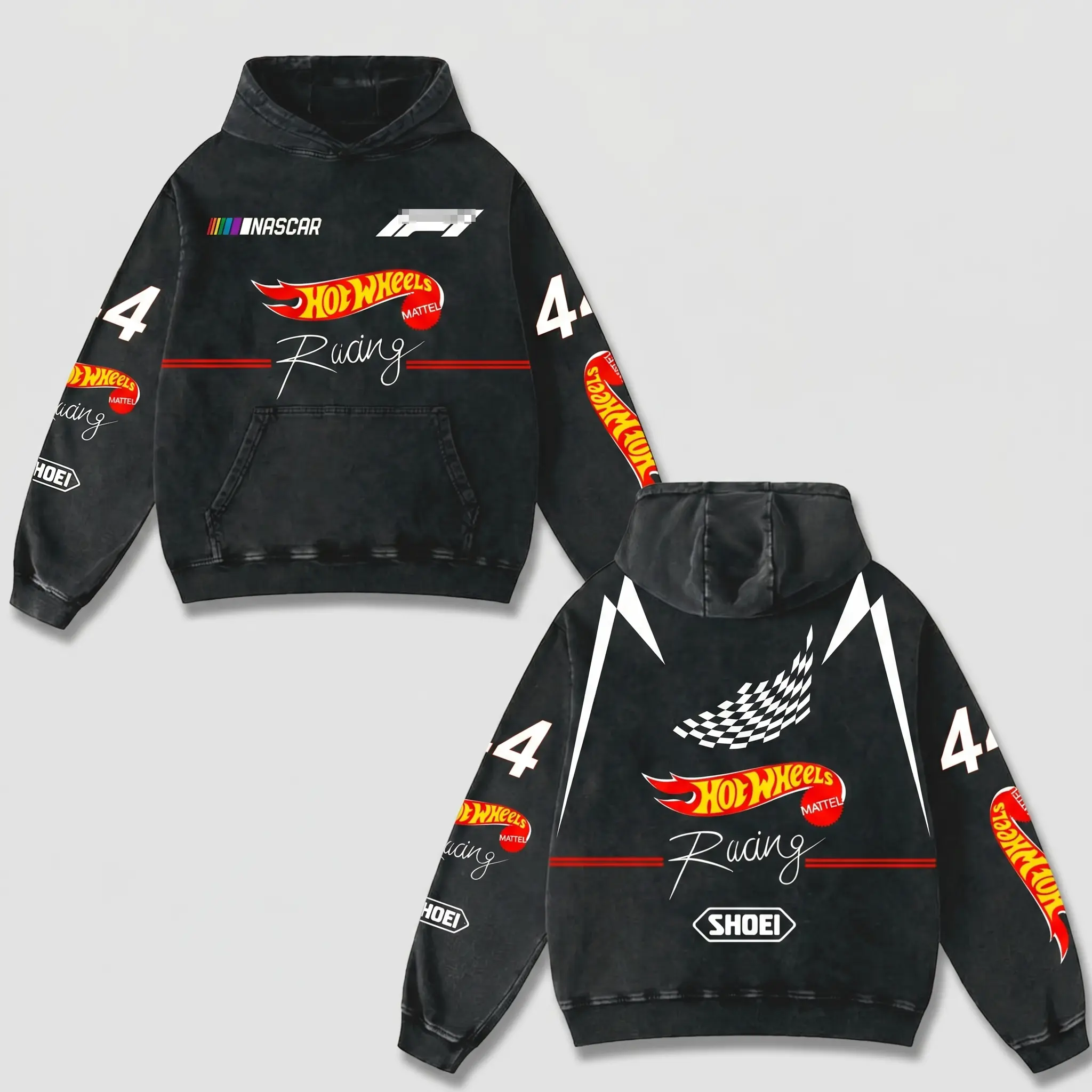 Revion - Hot Wheels Racing Hoodie,Nascar Formula Washed Black Pullover,Hot Wheels Mattel Sweatshirt,Checkered Flag Motorsport Gear,Shoei Graphic Car Apparel,Men Women Streetwear Hoodie