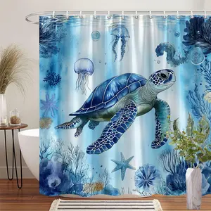 1Pc Ocean Theme Sea Turtle Shower Curtain Colorful Marine Life Coral Jellyfish Polyester Fabric Bathroom Decor Bath Curtain 70.8x70.8 Inch with 12 Hooks for Nautical Decor