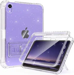 Case for iPad mini 6 2021, iPad mini 7 (A17 Pro) 2024 Case with Pencil Holder and Kickstand for Women Girl , Slim Shockproof Clear Transparent Cover for iPad mini 8.3 inch (Clear+Glitter)
