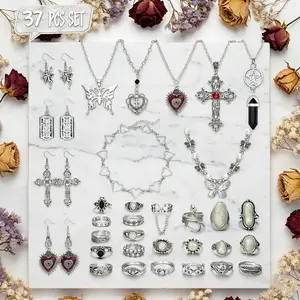 37Pcs Grunge Y2K Jewelry Set-Gothic Necklaces, Punk Rings & Fairy Earrings|Vintage Boho Goth Accessories for Women Men|Emo Alt Jewelry Bundle