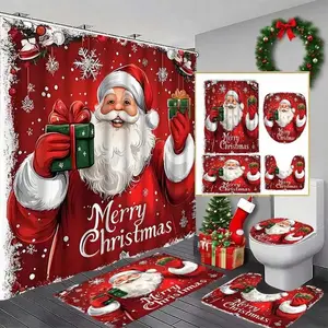 1/4pc Christmas Santa shower curtain set, Bathroom supplies, Bathroom decoration accessories, including non-slip mat, U-shaped toilet seat cover, Includes 12 shower curtain hooks