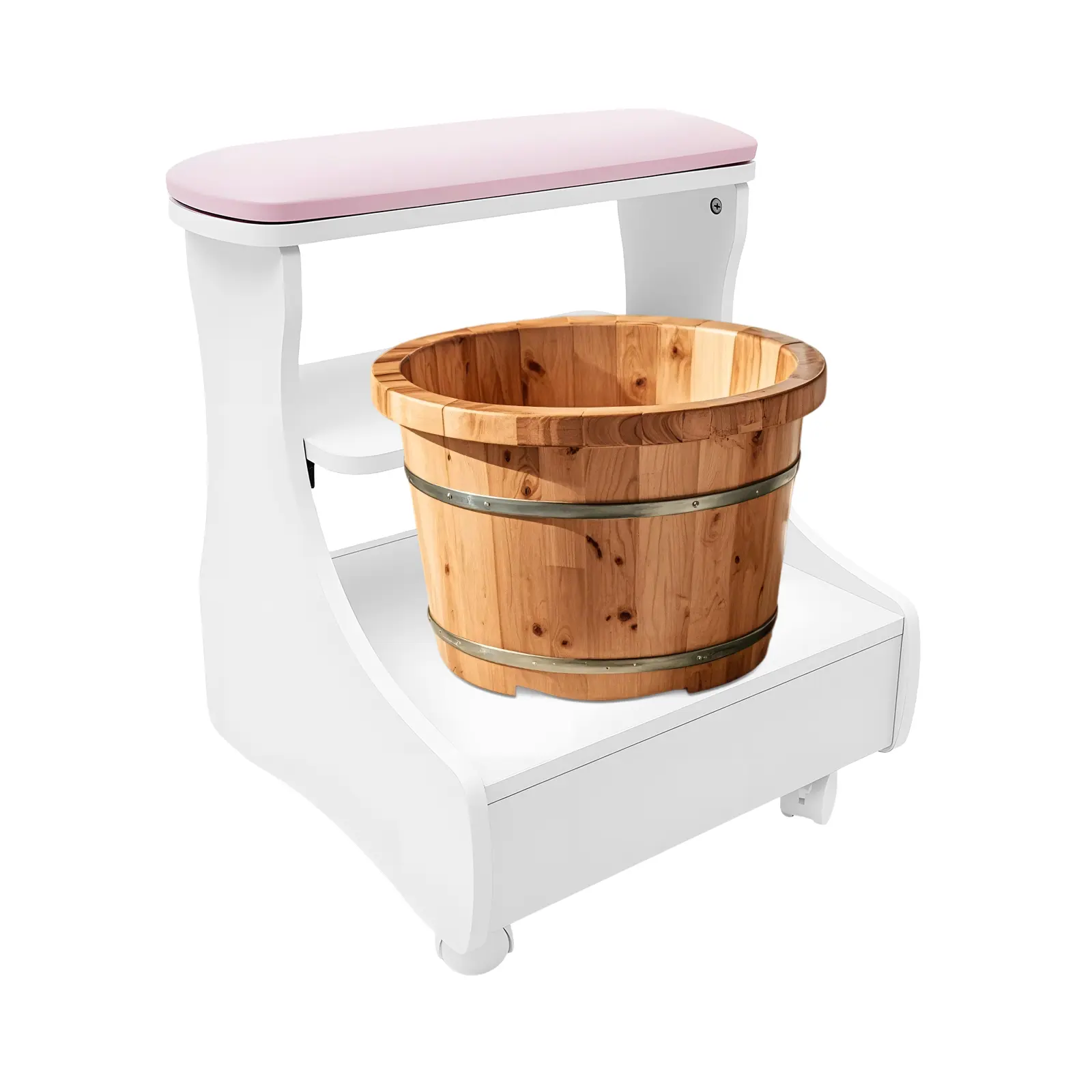 CNCEST Salon Pedicure Manicure Furniture Trolley - Single Seat Pedicure Chair, 4-Wheel with Wheels Brake, MDF Sponge, Holds 44lbs, White-Pink Modern Design, Easy Install, Flexible Movement, Foot Bath Use