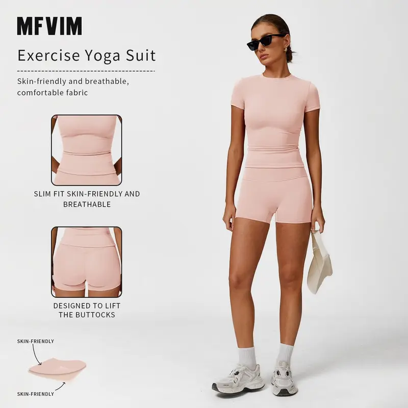 Women's 2-Piece Solid Ribbed Crop Tee & High-Waist Skinny Shorts Set, 22% Elastane 78% Polyamide Sweat-Dry Fast Workout Running Clothes, Sporty Breathable Activewear for Yoga Gym, Back to School