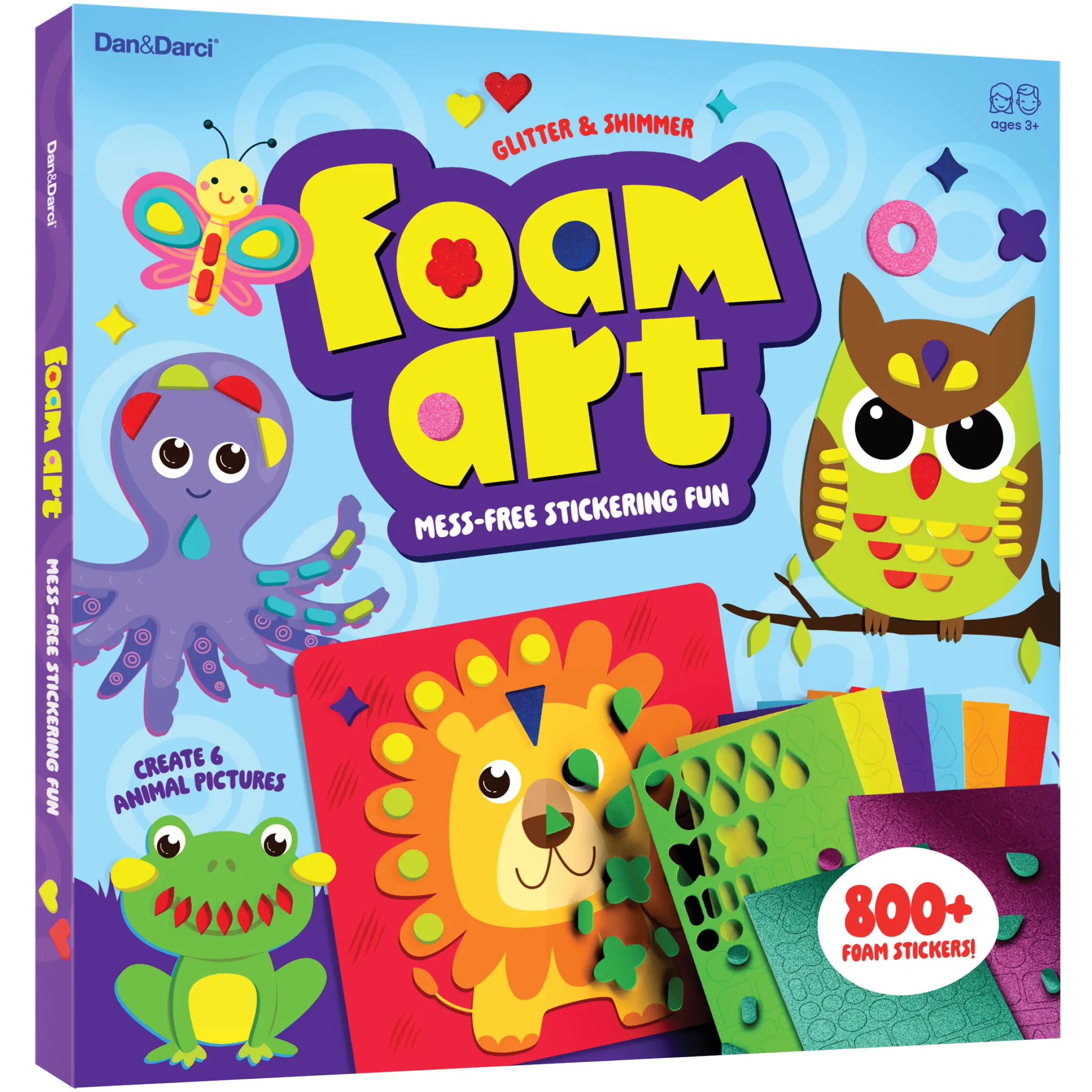 Dan&Darci Animal Foam Sticker Art Kit, DIY Craft Kit with 6 Animal Boards, 800 Glitter Shimmer Scrapbooking Stickers, No-Mess Creativity Toy for Kids