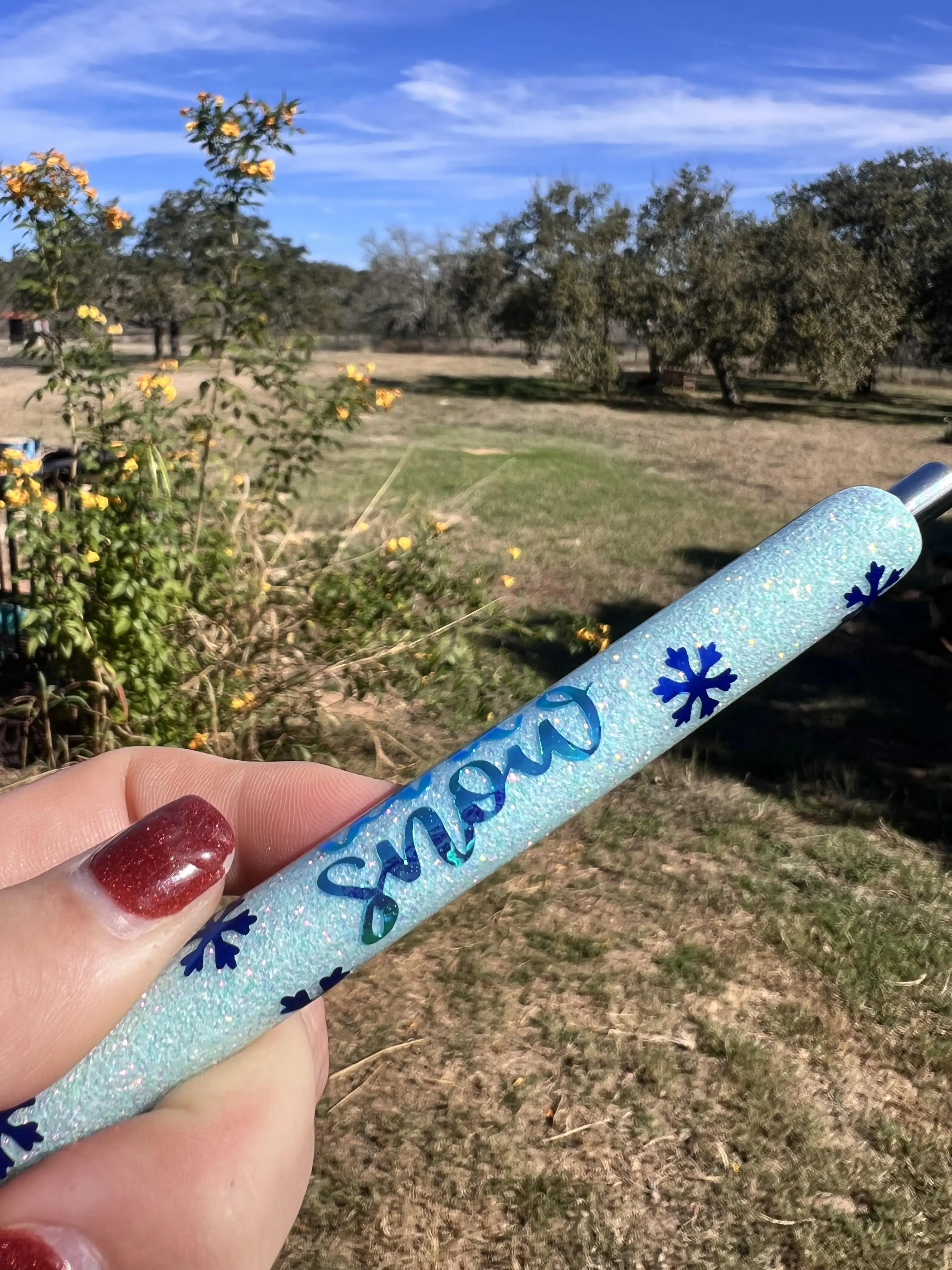 "Let It Snow" Handcrafted Glittered UV Resin Pen - Refillable, 0.7mm Medium-Point Black Gel Pen, Snowflake Design, Winter Office Stationery, Christmas Gift, Stocking Stuffer with Small Blemishes, Smooth Write