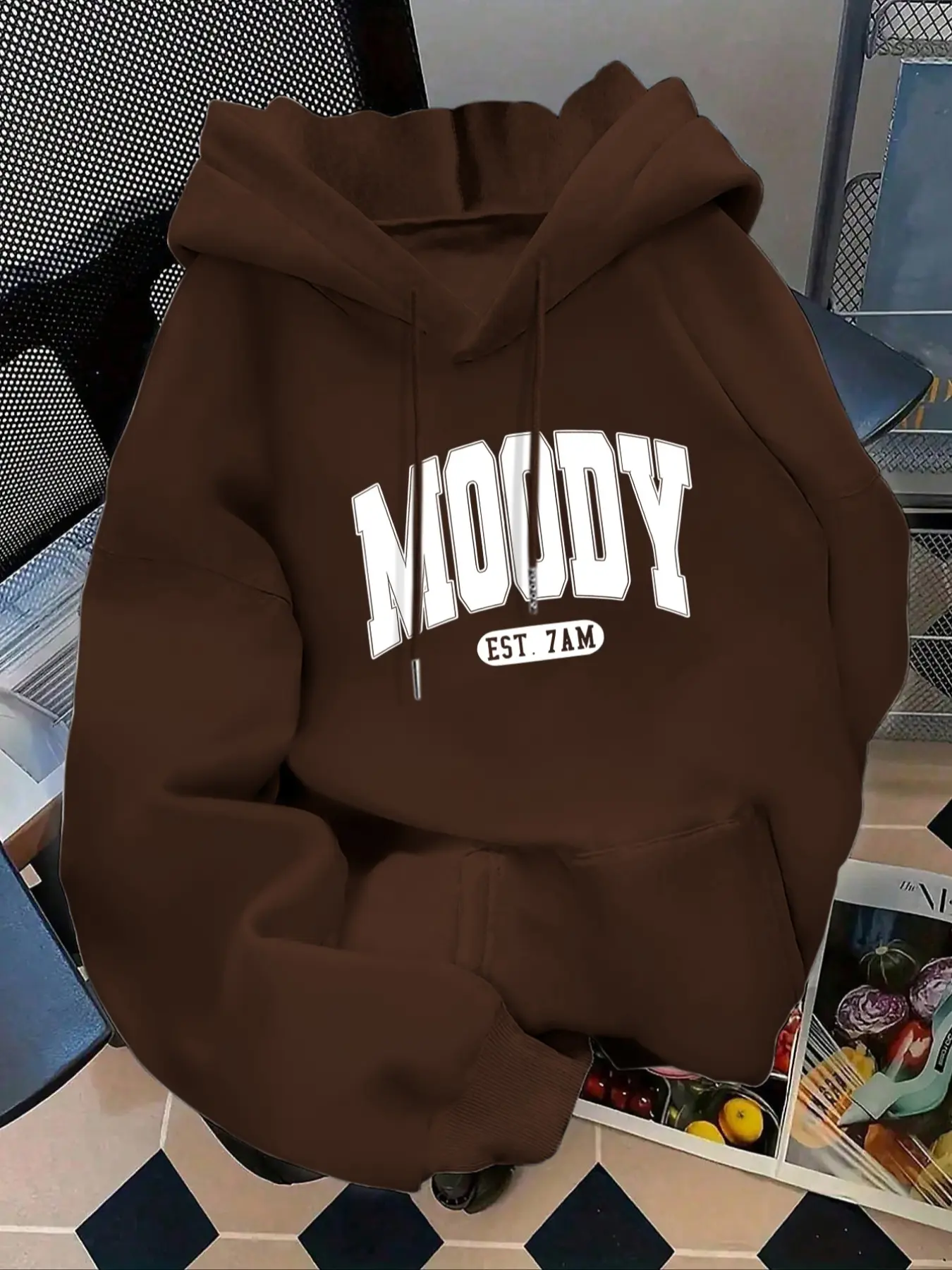 Women's Fashion Hoodie Moody Est 7amk Letter Print Kangaroo Pocket, Casual Long Sleeve Sweatshirt for Fall & Winter, Daily Wear, Casual Hooded Sweatshirts, Everyday