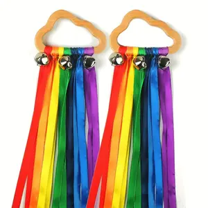 Cloud Rings with Bell (2 Counts), Colorful Ribbon Bell Hand Toddler Kite Toys, Wooden Ring Diy Handmade Crafts