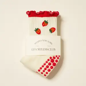 Effortless Club New York Effortless Club Grip Socks Strawberry Crew Half Calf Non-Slip Socks with Ruffle Details for Women Fits US5-US11 Cotton Spandex Everyday Wear