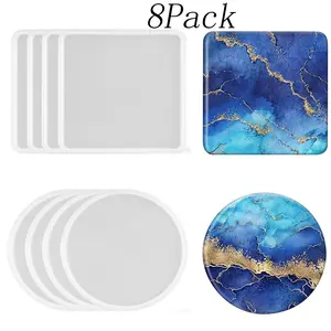 8 Pack White Silicone Coaster Molds Set,Epoxy Resin Molds, 4 Round Coaster Silicone Molds and 4 Square Coaster Resin Mold,for DIY Candle Holders,Coasters