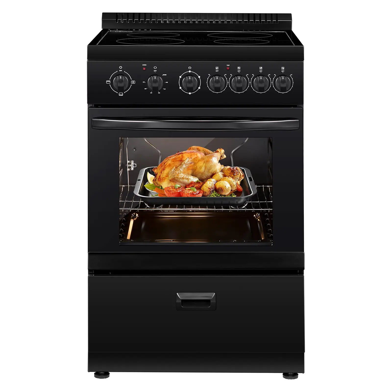 【Summerfinds】VEVOR 24 in Electric Range Oven, 2.7 Cu. Ft. Capacity Compact Freestanding Oven, Stainless Steel Kitchen Stove with 4 Burners, Easy Reach Rack, Storage Drawer, Drip Pan, Indicator Light(No Power Cord) Cooker Convection Oven