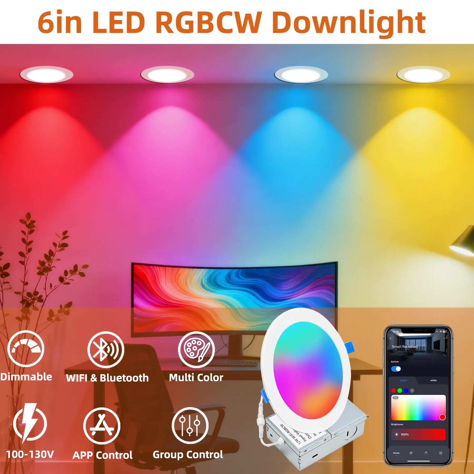 Recessed Lighting 6 inch RGBCW Color Changing Canless LED Recessed Ceiling Lights, Wafer Lights 5CCT Dimmable with, 13W 1320 Lumen High Brightness, Damp Rated, ETL,RGBW Color Changing Wi-Fi Ceiling Light with Junction Box,