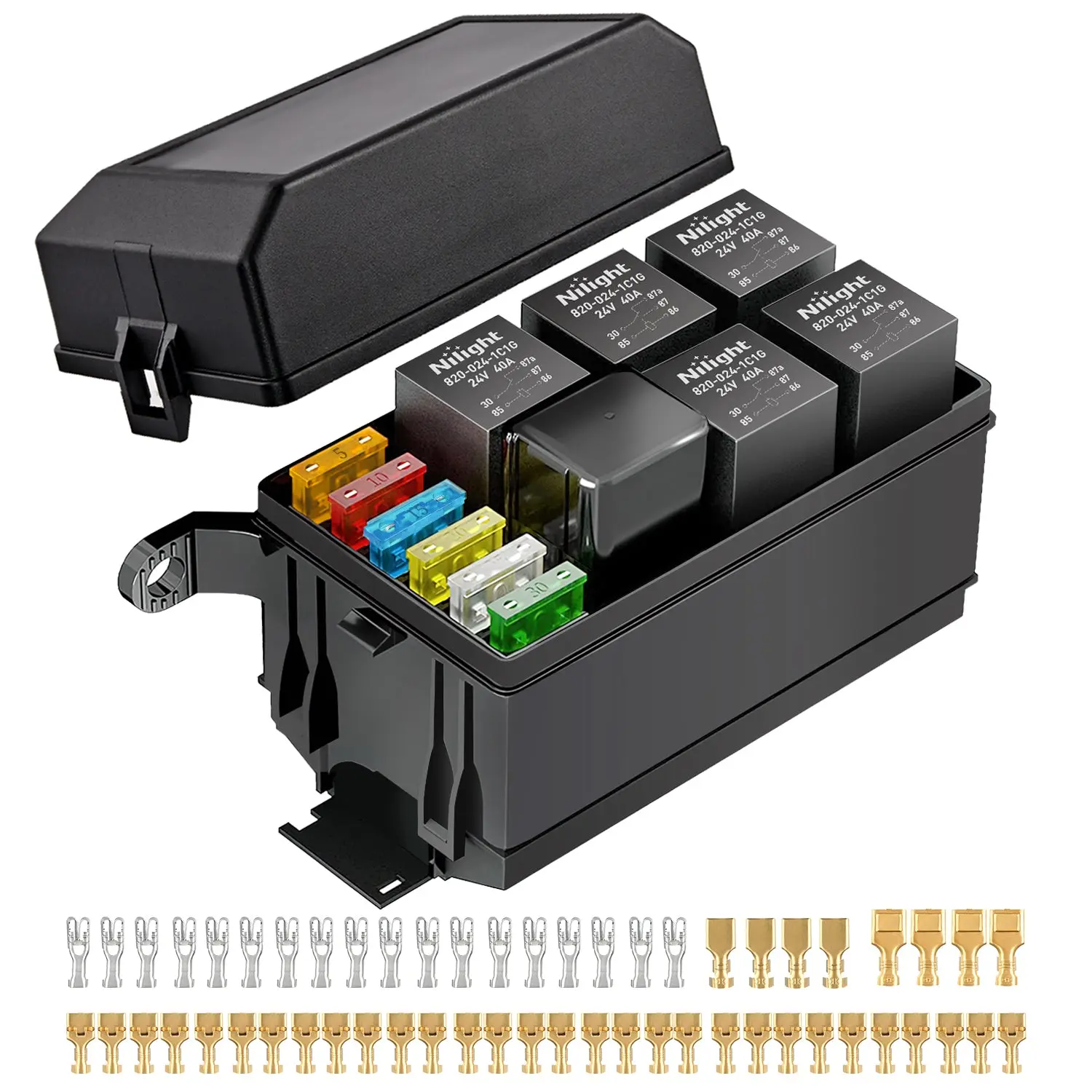 Nilight 12V-24V Waterproof Fuse Box, 6 Slot Multi-Circuit Panel with 1 4-Pin Relay, 12 Blade Fuses, Flame Retardant Anti-Tampering Wiring Kit for Car, Trailer, Pickup Automotive Electrical Systems