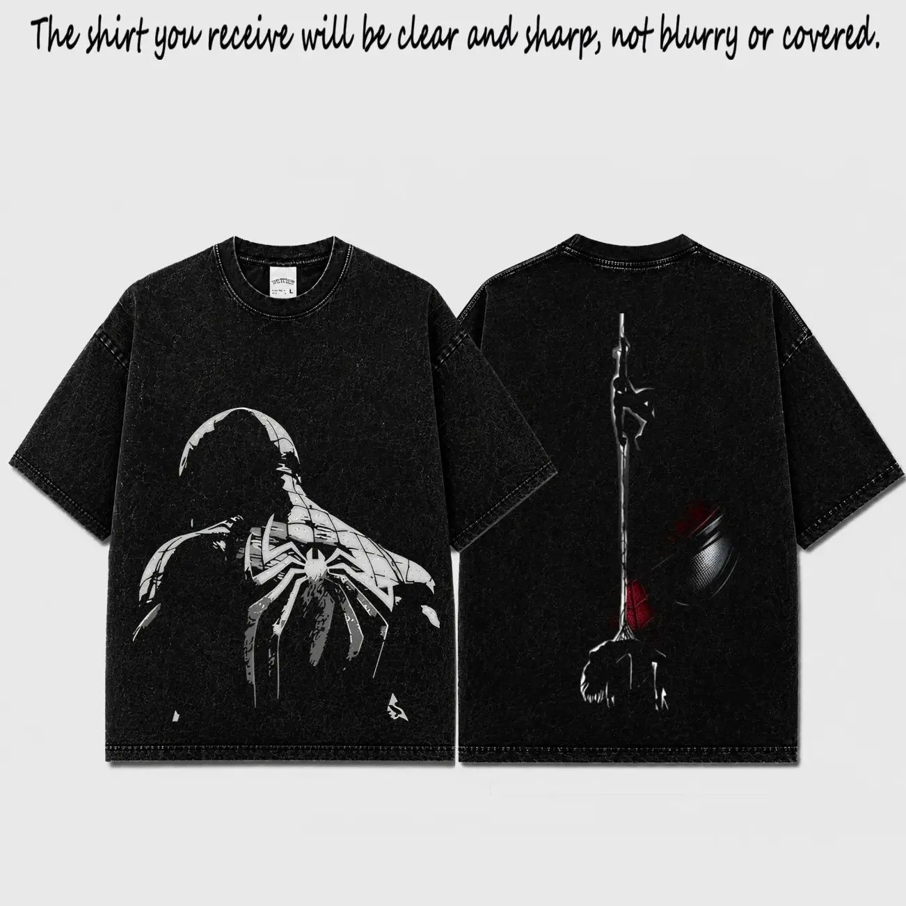 Spidey Symbiote Inspired Acid Wash Black Oversized T-Shirt, Premium Cotton Dark Spidey Logo Graphic Tee, Front Back Minimal Hero Print Shirt, Gothic Comic Streetwear Top, Gift For Fans Men Women D2Q