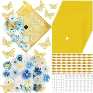 51 count DIY Graduation Grad Cap Decoration Kit - 12 Cream Construction Paper with Artificial Flower Heads  Butterfly  Adhesive Dots Rhinestone Stickers for DIY Grad Hat Topper ()