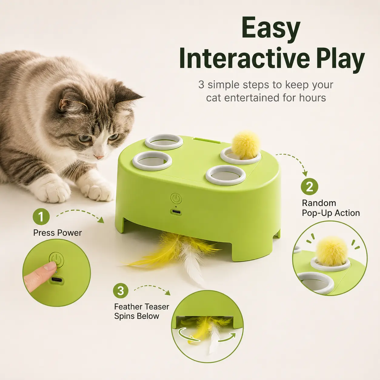 Interactive Magic House Cat Toy - 3 Modes Rechargeable Whack-a-Mole Feather Teaser, 4 Holes & 1 Accessory for Indoor Cats