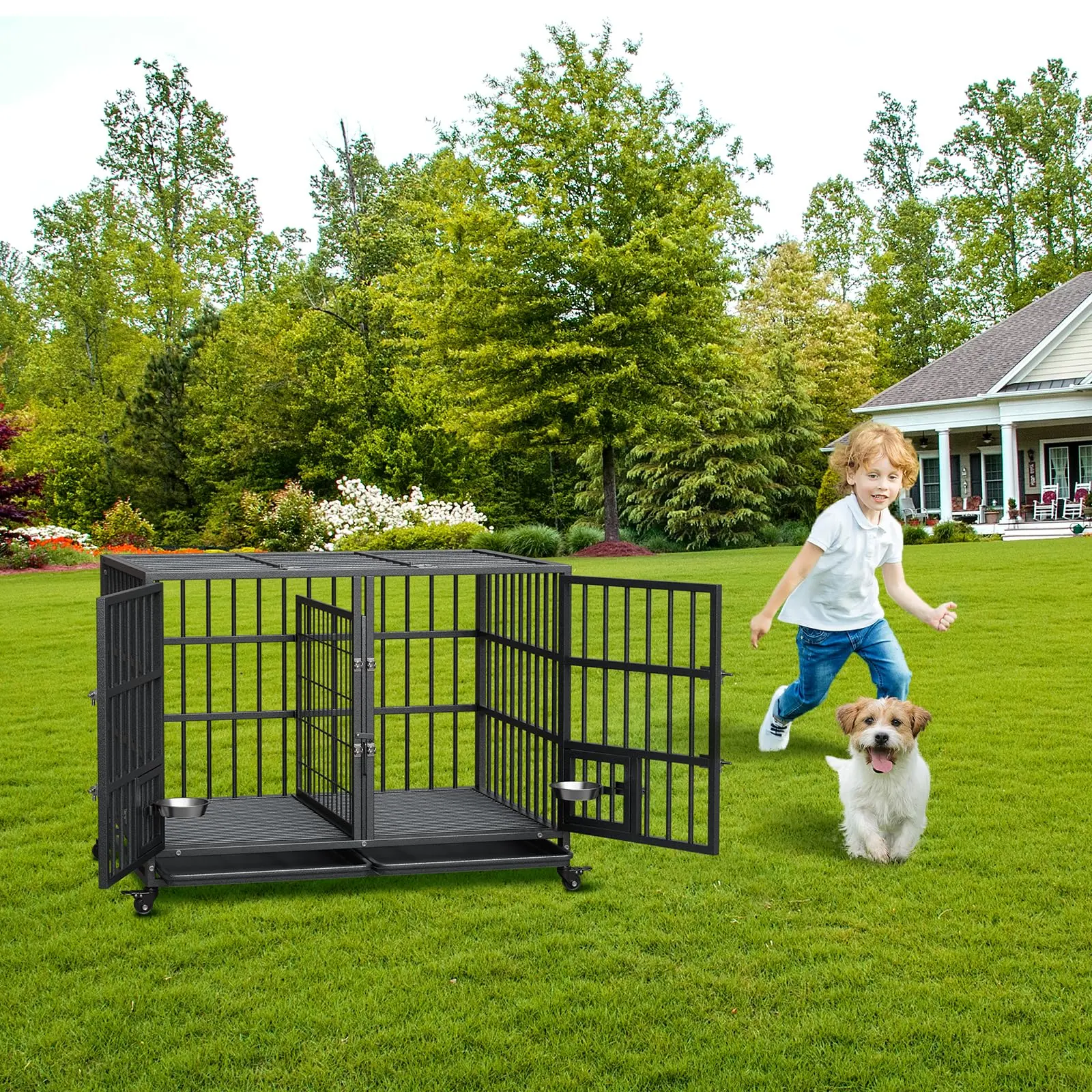 Garvee Heavy Duty Metal Dog Crate - 52-Inch Indestructible Kennel with Double Doors, Lockable Wheels, Removable Tray, Openable Roof, Escape-Proof Cage for Small & Large Dogs, Ideal for Home Use