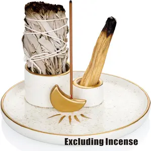 5 in 1 Ceramic Incense Holder, 1 Count Incense & Candle Holder, Candle Burner for Burning Sage, Ash Catcher Tray for Smudge Meditation Yoga, Freshener Scent