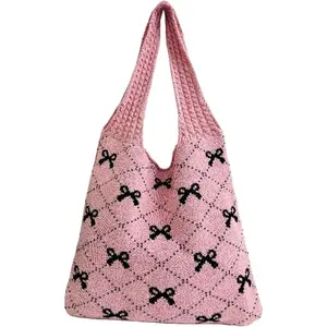 Knitted Tote Bag Women Heart Pattern Handmade Crochet Shoulder Bag Casual Summer Beach Large Capacity Stylish Woven Purse