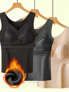 Women's 3-Pack Thermal Underwear Bras - Velvet Fabric, V-Neck Sleeveless, Built-In Soft Breathable Skin-Friendly Elastic, Lace Detail, Elegant Sexy Style, Comfortable Fit for Autumn Winter Casual Wear, Elegance