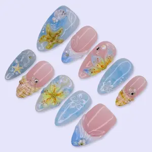 Sea Queen Summer Press On Nails With Starfish, Seashell & 3D Coastal Flowers | Medium Almond Nails | Handmade Nail Art for Vacations, Gifts