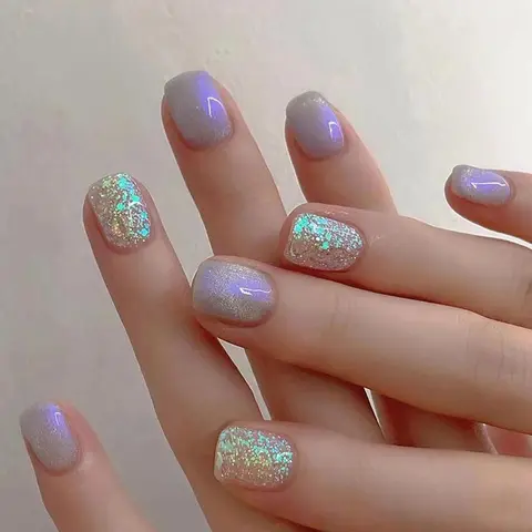 Glitter Fake Nails Kits with Nail File & Adhesive Tab, 24pcs Short Square False Nails for Women & Girls DIY Nail Art, Glitter Decorative Nails, Glittering Fake Nails, Effortless Press on Nails Manicure Set