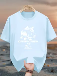 Men's pure cotton casual short-sleeved T-shirt, spring and summer style short-sleeved solid-color printed casual sports T-shirt, all-cotton home and outdoor comfortable and breathable round-neck T-shirt, suitable as a gift for men