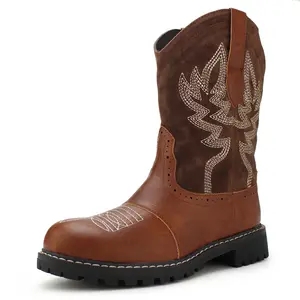 Hawkwell Women's Mid Calf Western Cowboy Cowgirl Cowboots Boot Round Toe Embroidered Fashion Boots Walking Shoes Brown Leather