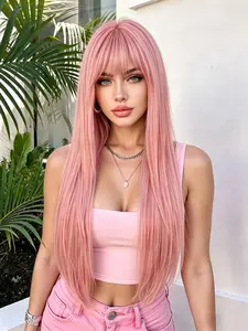 30-Inch Long Straight Synthetic Pink Wig with Bangs, Heat-Resistant Long Hair Wig for Women, Ideal for Daily Use, Cosplay, Parties, Holidays