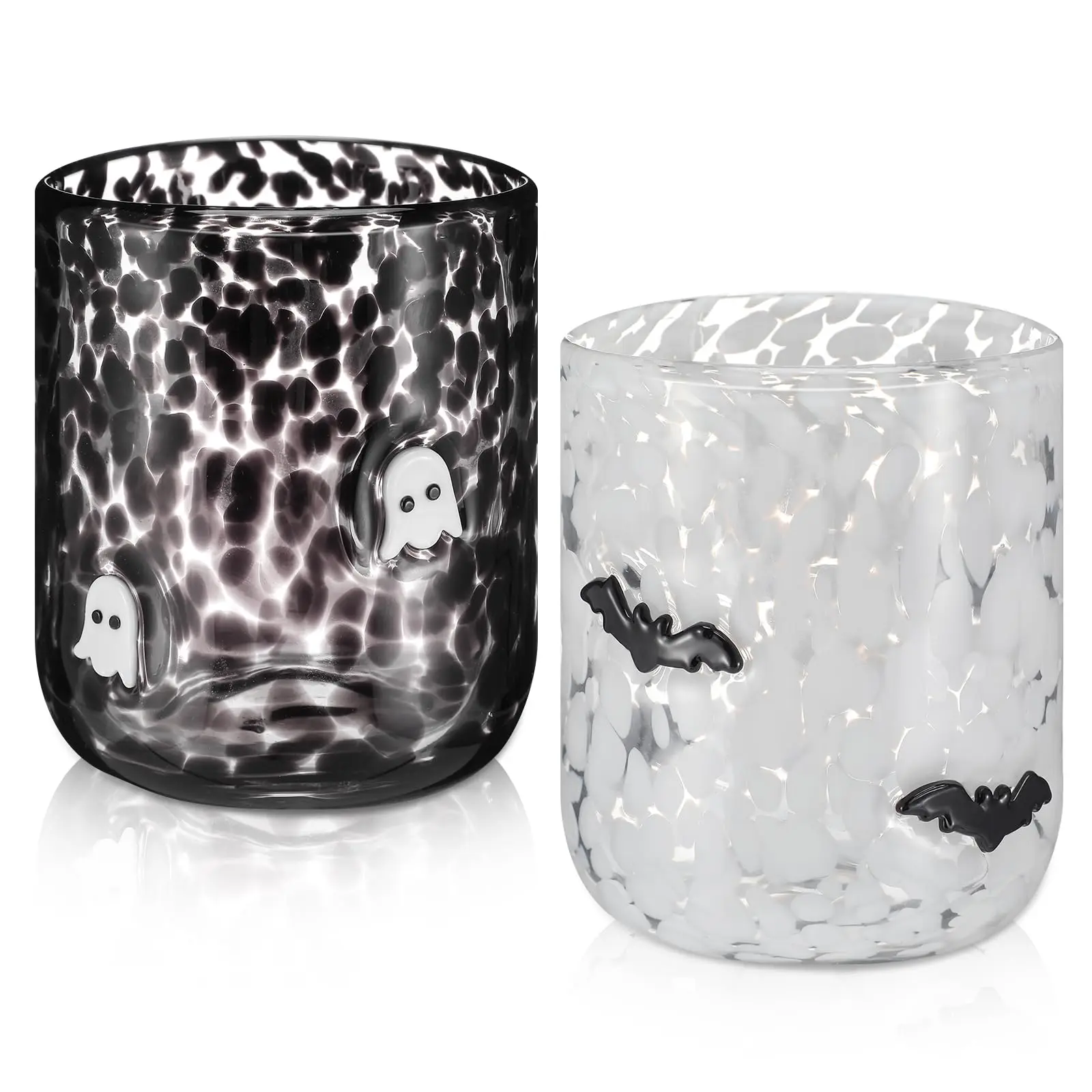 2 Pcs Halloween Icon Glasses 16oz Hand-Blown Stemless Double Old Fashioned Glass Set Round Ghost-Pumpkin Vivid Icon Artwork Drinkware with Comfortable Spill-Reducing Hold for Family Friends Coworkers for Boo Basket Fall Gift Home Decor