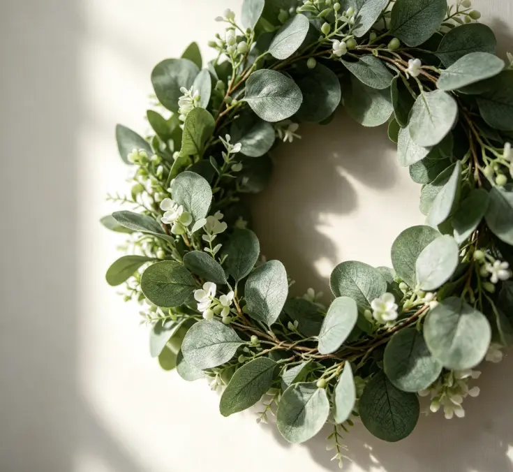 White Flower Eucalyptus Front Door Wreath, Artificial Green Leaf Farmhouse Wreath for All Season Home Decor, Spring Summer Fall Winter Wall Hanging