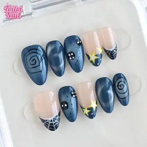 Spider Star Handmade Press-On Nails, Nail Art Set, Short Almond Shape, 10pcs, Edgy Y2K Galaxy Spider Web Design, Blue Gray Gradient & Spider Web/Star/Eye Accents, Reusable DIY Nail Kit for Women, Trendy Nails for Spring, Summer, Parties & Daily
