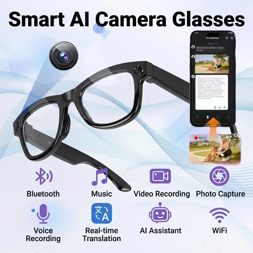 Camera Glasses Video Recording Glasses 1080P-Outdoor&Indoor Loose Style Smart Glasses, ENC Noise Reduction, Wireless Music & Calls, ChatGPT Real-time Translation, Image Recognition Bluetooth Sports Glasses