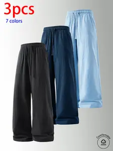 3-pack men’s pure cotton long pants: loose straight casual pants, sweatpants/joggers, featuring a drawstring waistband design. Available in multiple colors. Suitable for home lounging, daily commuting, outdoor walks, short trips, camping—versatile casual