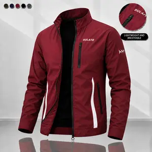 Men’s burgundy stand-collar business casual jacket featuring a “SULATE” letter print on the front chest and arrow markings on the sleeves, crafted from wrinkle-resistant, lightly water-repellent woven fabric with an auxiliary front button closure; suitabl
